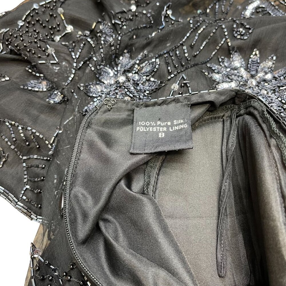 Robert Anthony Black Silver Sequined Beaded Short Sleeve Lined Silk Dress Size 8 - Picture 7 of 14